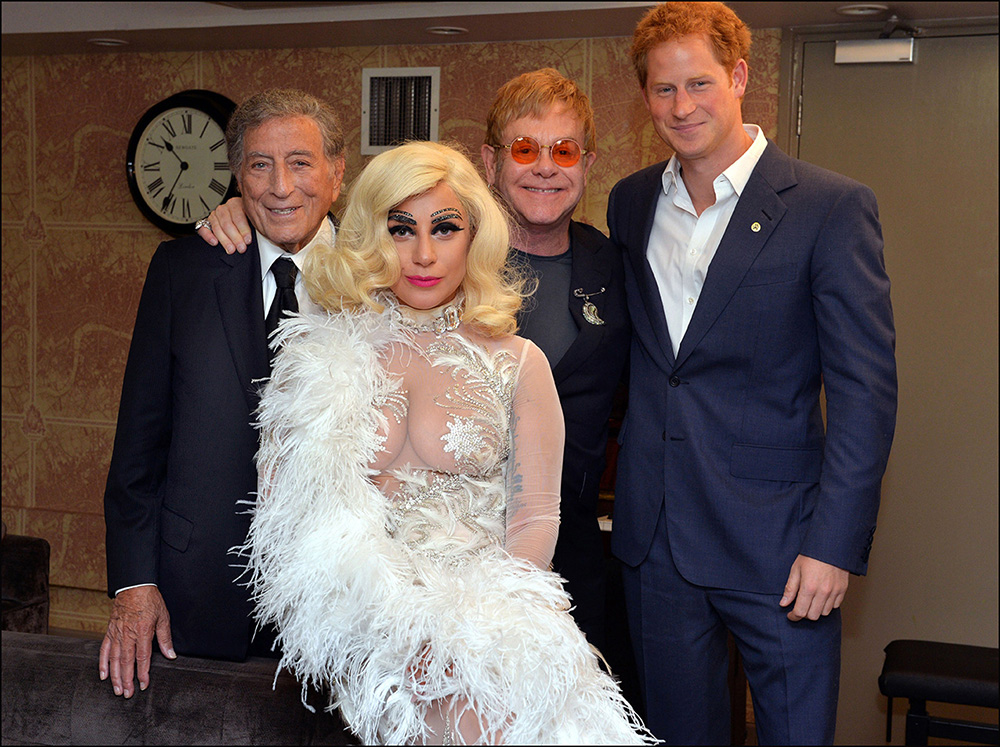 Prince Harry and Elton John backstage with Tony Bennett and Lady Gaga, after their performance as part of their Cheek to Cheek Tour at the Royal Albert Hall in London, 8 June 2015